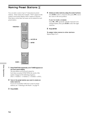 Page 5454
Other Operations
Naming Preset Stations Z
You can enter a name of up to 7 characters for preset
stations.  These names (for example, ÒXYZÓ) appear in the
systemÕs front panel display when a station is selected.
Note that no more than one name can be entered for each
preset station.
1Press FUNCTION repeatedly until TUNER appears on
the front panel display.
The last station you received is tuned in.
Each time you press FUNCTION, the mode of the
system changes in the following sequence.
DVD n VIDEO 1 n...