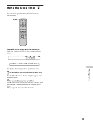 Page 5555
Other Operations
Using the Sleep Timer  Z
You can set the system to turn off automatically at a
specified time.
Press SLEEP on the remote while the power is on.
Each time you press SLEEP, the time changes as shown
below.
The display dims after you have specified the time.
zYou can check the time remaining before the system turns
off
Press SLEEP on the remote.  The remaining time appears on the
front panel display.
zYou can extend the sleep timer up to 9 hours
Press M on the remote while the time...