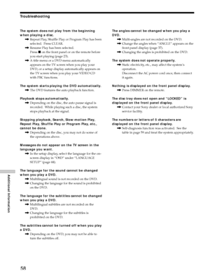 Page 5858
Additional Information
The system does not play from the beginning
when playing a disc.
,Repeat Play, Shuffle Play or Program Play has been
selected.  Press CLEAR.
,Resume Play has been selected.
Press x on the front panel or on the remote before
you start playing (page 23).
,A title menu or a DVD menu automatically
appears on the TV screen when you play your
DVD, or a setup display automatically appears on
the TV screen when you play your VIDEO CD
with PBC functions.
The system starts playing the DVD...