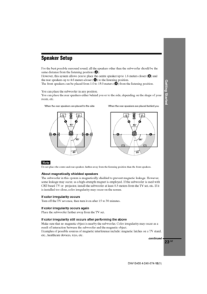 Page 23Getting Started
23GB
DAV-S400 4-240-074-12(1)
Speaker Setup
For the best possible surround sound, all the speakers other than the subwoofer should be the
same distance from the listening position (A).
However, this system allows you to place the centre speaker up to 1.6 meters closer (B) and
the rear speakers up to 4.6 meters closer (C) to the listening position.
The front speakers can be placed from 1.0 to 15.0 meters (A) from the listening position.
You can place the subwoofer in any position.
You can...