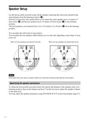 Page 2424
Speaker Setup
For the best possible surround sound, all the speakers other than the subwoofer should be the
same distance from the listening position (A).
However, if necessary, this system allows you to place the centre speaker up to 1.6 meters (5
feet) closer (B) and the rear speakers up to 4.6 meters (15 feet) closer (C) to the listening
position.
The front speakers can be placed from 1.0 to 15.0 meters (3 to 50 feet) (A) from the listening
position.
You can place the subwoofer in any position.
You...