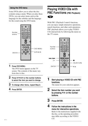 Page 3434
Playing VIDEO CDs with
PBC Functions 
(PBC Playback)
With PBC (Playback Control) functions,
you can enjoy simple interactive operations,
search functions, and other such operations.
PBC playback allows you to play VIDEO
CDs interactively by following the menu on
the TV screen.
1Start playing a VIDEO CD with PBC
functions.
The menu for your selection appears.
2Select the item number you want
by pressing X/x or the number
buttons.
3Press ENTER.
4Follow the instructions in the
menu for interactive...