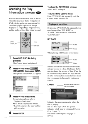 Page 5252
BIT RATE
0510
kbps
Mbps
384ENTER X/x
To close the ADVANCED window
Select ÒOFFÓ in Step 3.
To turn off the Control Menu
Press DVD DISPLAY repeatedly until the
Control Menu is turned off.
Displays of each item
By pressing DVD DISPLAY repeatedly, you
can display either ÒBIT RATEÓ or
ÒLAYER,Ó whichever was selected in
ÒADVANCED.Ó
BIT RATE
When playing MPEG audio sound tracks
Bit rate refers to the amount of video/audio
data per second in a disc. The higher the bit
rate, the larger the amount of data. When...