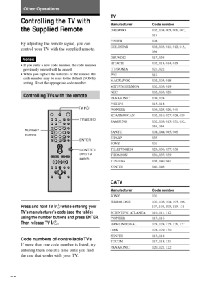 Page 5858
TV
Manufacturer Code number
DAEWOO 002, 004, 005, 006, 007,
015
FISHER 008
GOLDSTAR 002, 003, 011, 012, 015,
034
DRUNDIG 017, 034
HITACHI 002, 013, 014, 015
ITT/NOKIA 021, 022
JVC 016
MAGNAVOX 002, 003, 018
MITSUBISHI/MGA 002, 003, 019
NEC 002, 003, 020
PANASONIC 009, 024
PHILIPS 015, 018
PIONEER 009, 025, 026, 040
RCA/PROSCAN 002, 010, 027, 028, 029
SAMSUNG 002, 003, 015, 031, 032,
033, 034
SANYO 008, 044, 045, 046
SHARP 035
SONY 001
TELEFUNKEN 023, 036, 037, 038
THOMSON 030, 037, 039
TOSHIBA 035,...