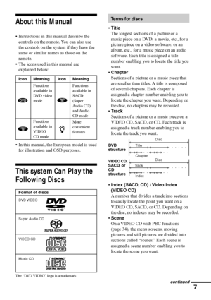 Page 77
z
Icon Meaning Icon Meaning
Functions
available in
DVD video
mode
Functions
available in
VIDEO
CD modeFunctions
available in
SACD
(Super
Audio CD)
and Audio
CD mode
More
convenient
features
About this Manual
¥ Instructions in this manual describe the
controls on the remote. You can also use
the controls on the system if they have the
same or similar names as those on the
remote.
¥ The icons used in this manual are
explained below:
¥ In this manual, the European model is used
for illustration and OSD...