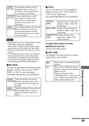 Page 6969
Settings and Adjustments
FRONT
CENTER
REAR
Notes
¥  In SPEAKER SETUP, the North American models
OSD displays both metric and imperial
measurements. The other models displa ys metric
measurements only. The manual also shows both.
¥ When you set the distance, the sound cuts off for a
moment.
¥ If each of the front or rear speakers ar e not placed
at an equal distance from your listening position,
set the distance according to the closest speaker.
¥ Do not place the rear speakers farther away fr om
your...