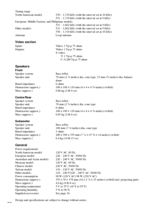 Page 7878
Tuning range
North American model: 530 Ð 1,710 kHz (with the interval set at 10 kHz)
531 Ð 1,710 kHz (with the interval set at 9 kHz)
European, Middle Eastern, and Philipinne models:
531 Ð 1,602 kHz (with the interval set at 9 kHz)
Other models: 531 Ð 1,602 kHz (with the interval set at 9 kHz)
530 Ð 1,710 kHz (with the interval set at 10 kHz)
Antenna Loop antenna
Video section
Inputs Video: 1 Vp-p 75 ohms
Outputs Video: 1 Vp-p 75 ohms
S-video:
Y: 1 Vp-p 75 ohms
C: 0.286 Vp-p 75 ohms
Speakers
Front...