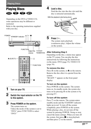 Page 3131GB
Playing Discs
DAV-S550 4-241-065-12(1)
Playing Discs
   
Depending on the DVD or VIDEO CD,
some operations may be different or
restricted.
Refer to the operating instructions supplied
with your disc.
1Turn on your TV.
2Switch the input selector on the TV
to this system.
3Press POWER on the system.
The system turns on.
Unless the mode of the system is set to
“DVD,” press FUNCTION to select
“DVD.” Playing Discs
4Load a disc.
Push the disc into the disc slot until the
disc is retracted automatically....