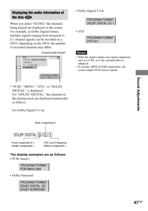 Page 47Sound Adjustments
47GB
DAV-S550 4-241-065-12(1)
Displaying the audio information of
the disc 
When you select “AUDIO,” the channels
being played are displayed on the screen.
For example, in Dolby Digital format,
multiple signals ranging from monaural to
5.1 channel signals can be recorded on a
DVD. Depending on the DVD, the number
of recorded channels may differ.
*“PCM,” “MPEG,” “DTS,” or “DOLBY
DIGITAL” is displayed.
For “DOLBY DIGITAL,” the channels in
the playing track are displayed numerically
as...