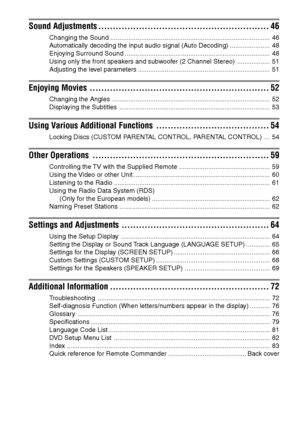 Page 66GB
DAV-S550 4-241-065-12(1)
Sound Adjustments ........................................................... 46
Changing the Sound ........................................................................................ 46
Automatically decoding the input audio signal (Auto Decoding) ...................... 48
Enjoying Surround Sound ................................................................................ 48
Using only the front speakers and subwoofer (2 Channel Stereo) .................. 51...