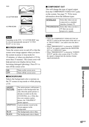 Page 67Settings and Adjustments
67GB
DAV-S550 4-241-065-12(1)
xCOMPONENT OUT
This will change the type of signal output
from the COMPONENT VIDEO OUT jacks
on the system. See page 77, 78 for more
information about the different types.
INTERLACE
PROGRESSIVE
Notes
•Unless the COMPONENT VIDEO OUT/SCAN
SELECT switch on the back panel of the unit is set
to “SELECTABLE,” you cannot select the above
setting.
•When “PROGRESSIVE” is selected in “SCREEN
SETUP,” no signal is output from the MONITOR
OUT or S VIDEO OUT...