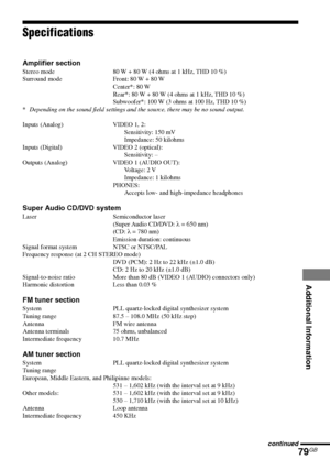 Page 79Additional Information
79GB
DAV-S550 4-241-065-12(1)
Specifications
Amplifier section
Stereo mode 80 W + 80 W (4 ohms at 1 kHz, THD 10 %)
Surround mode Front: 80 W + 80 W
Center*: 80 W
Rear*: 80 W + 80 W (4 ohms at 1 kHz, THD 10 %)
Subwoofer*: 100 W (3 ohms at 100 Hz, THD 10 %)
*Depending on the sound field settings and the source, there may be no sound output.
Inputs (Analog) VIDEO 1, 2:
Sensitivity: 150 mV
Impedance: 50 kilohms
Inputs (Digital) VIDEO 2 (optical):
Sensitivity: –
Outputs (Analog) VIDEO 1...