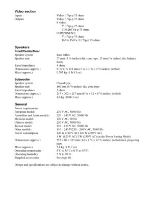 Page 8080GB
DAV-S550 4-241-065-12(1)
Video section
Inputs Video: 1 Vp-p 75 ohms
Outputs Video: 1 Vp-p 75 ohms
S video:
Y: 1 Vp-p 75 ohms
C: 0.286 Vp-p 75 ohms
COMPONENT:
Y: 1 Vp-p 75 ohms
P
B/CB, PR/CR: 0.7 Vp-p 75 ohms
Speakers
Front/Center/Rear
Speaker system Bass reflex
Speaker unit 77 mm (3 
1/8 inches) dia. cone type, 15 mm (5/8 inches) dia. balance
dome
Rated impedance 4 ohms
Dimensions (approx.) 97 × 97 × 112 mm (3 
7/8 × 3 7/8 × 4 1/2 inches) (w/h/d)
Mass (approx.) 0.795 kg (1 lb 13 oz)
Subwoofer...