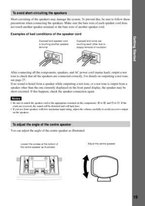 Page 19Getting Started
19
To avoid short-circuiting the speakers
Short-circuiting of the speakers may damage the system. To prevent this, be sure to follow these
precautions when connecting the speakers. Make sure the bare wire of each speaker cord does
not touch another speaker terminal or the bare wire of another speaker cord.
Examples of bad conditions of the speaker cord
After connecting all the components, speakers, and AC power cord (mains lead), output a test
tone to check that all the speakers are...