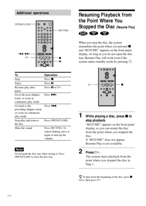 Page 3232
Resuming Playback from
the Point Where You
Stopped the Disc 
(Resume Play)
  
When you stop the disc, the system
remembers the point where you pressed x
and ÒRESUMEÓ appears on the front panel
display. As long as you do not open the disc
tray, Resume Play will work even if the
system enters standby mode by pressing 1.
1While playing a disc, press x to
stop playback.
ÒRESUMEÓ appears on the front panel
display, so you can restart the disc
from the point where you stopped the
disc.
If ÒRESUMEÓ does not...