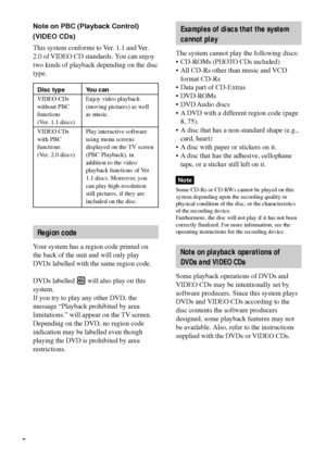 Page 88
You can
Enjoy video playback
(moving pictures) as well
as music.
Play interactive software
using menu screens
displayed on the TV screen
(PBC Playback), in
addition to the video
playback functions of Ver
1.1 discs. Moreover, you
can play high-resolution
still pictures, if they are
included on the disc.
Note on PBC (Playback Control)
(VIDEO CDs)
This system conforms to Ver. 1.1 and Ver.
2.0 of VIDEO CD standards. You can enjoy
two kinds of playback depending on the disc
type.
Disc type
VIDEO CDs
without...