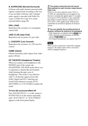 Page 5050GB
DAV-S880 4-241-069-11(1)
N. SURROUND (Normal Surround)
Software with multi channel surround audio
signals is played back according to the way
it was recorded. Software with 2 channel
audio signals is decoded with Dolby Pro
Logic or Dolby Pro Logic II to create
surround effects (page 28).
HALL (Hall)
Reproduces the acoustics of a rectangular
concert hall.
JAZZ CLUB (Jazz Club)
Reproduces the acoustics of a jazz club.
L. CONCERT (Live Concert)
Reproduces the acoustics of a 300-seat live
concert.
GAME...