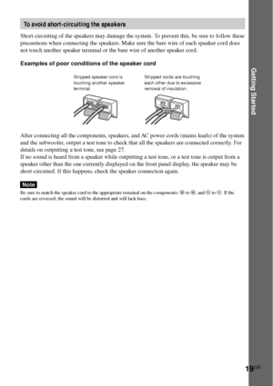 Page 19Getting Started
19GB
To avoid short-circuiting the speakers
Short-circuiting of the speakers may damage the system. To prevent this, be sure to follow these
precautions when connecting the speakers. Make sure the bare wire of each speaker cord does
not touch another speaker terminal or the bare wire of another speaker cord.
Examples of poor conditions of the speaker cord
After connecting all the components, speakers, and AC power cords (mains leads) of the system
and the subwoofer, output a test tone to...