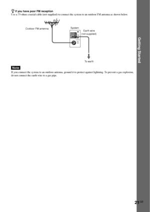 Page 21Getting Started
21GB
COAXIAL
AM
FM75Ω
Outdoor FM antennaSystem
zIf you have poor FM reception
Use a 75-ohms coaxial cable (not supplied) to connect the system to an outdoor FM antenna as shown below.
Note
If you connect the system to an outdoor antenna, ground it to protect against lightning. To prevent a gas explosion,
do not connect the earth wire to a gas pipe.
Earth wire
(not supplied)
To  earth
 