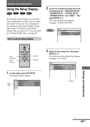 Page 65Settings and Adjustments
65GB
LANGUAGE SETUP
OSD :
DVD MENU :
AUDIO :
SUBTITLE :ENGLISH
ENGLISH
ENGLISH
ENGLISH
Using the Setup Display
   
By using the Setup Display, you can make
various adjustments to items such as picture
and sound. You can also set a language for
the subtitles and the Setup Display, among
other things. For details on each Setup
Display item, see page 66-72. For an overall
list of Setup Display items, see page 84.
How to use the Setup Display
1In stop mode, press DVD SETUP.
The Setup...