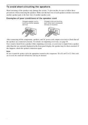 Page 1414GB
To avoid short-circuiting the speakers
Short-circuiting of the speakers may damage the system. To prevent this, be sure to follow these 
precautions when connecting the speakers. Make sure the bare wire of each speaker cord does not touch 
another speaker jack or the bare wire of another speaker cord.
Examples of poor conditions of the speaker cord
After connecting all the components, speakers, and AC power cord, output a test tone to check that all 
the speakers are connected correctly. For details...