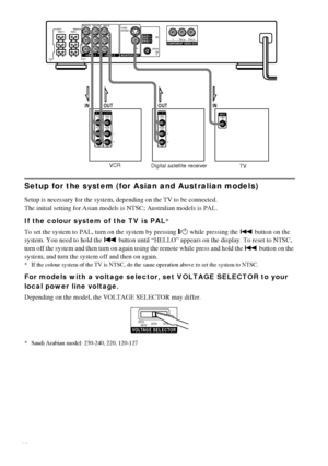 Page 1818GB
Setup for the system (for Asian and Australian models)
Setup is necessary for the system, depending on the TV to be connected.
The initial setting for Asian models is NTSC; Australian models is PAL.
If the colour system of the TV is PAL*
To set the system to PAL, turn on the system by pressing "/1 while pressing the . button on the 
system. You need to hold the . button until “HELLO” appears on the display. To reset to NTSC, 
turn off the system and then turn on again using the remote while...