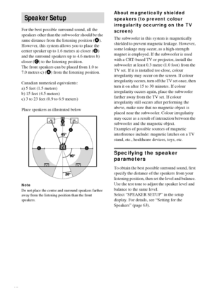 Page 2020GB
For the best possible surround sound, all the 
speakers other than the subwoofer should be the 
same distance from the listening position (A). 
However, this system allows you to place the 
center speaker up to 1.6 metres a) closer (B) 
and the surround speakers up to 4.6 metres b) 
closer (C) to the listening position.
The front speakers can be placed from 1.0 to 
7.0 metres c) (A) from the listening position.
Canadian numerical equivalents:
a) 5 feet (1.5 meters)
b) 15 feet (4.5 meters)
c) 3 to 23...
