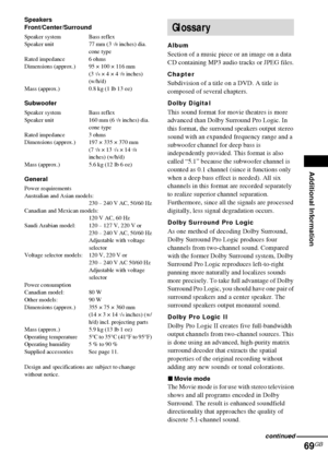 Page 69Additional Information
69GB
Speakers
Front/Center/Surround
Speaker system Bass reflex
Speaker unit 77 mm (3 1/8 inches) dia. 
cone type
Rated impedance 6 ohms
Dimensions (approx.) 95 × 100 × 116 mm 
(3 
3/4 × 4 × 4 5/8 inches) 
(w/h/d)
Mass (approx.) 0.8 kg (1 lb 13 oz)
Subwoofer
Speaker system Bass reflex
Speaker unit 160 mm (6 3/8 inches) dia. 
cone type
Rated impedance 3 ohms
Dimensions (approx.) 197 × 335 × 370 mm 
(7 
7/8 × 13 1/4 × 14 5/8 
inches) (w/h/d)
Mass (approx.) 5.6 kg (12 lb 6 oz)
General...