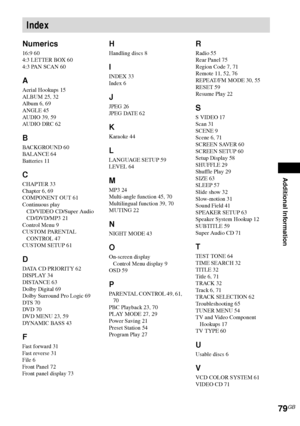 Page 79Additional Information
79GB
Numerics
16:9 60
4:3 LETTER BOX 60
4:3 PAN SCAN 60
A
Aerial Hookups 15
ALBUM 25, 32
Album 6, 69
ANGLE 45
AUDIO 39, 59
AUDIO DRC 62
B
BACKGROUND 60
BALANCE 64
Batteries 11
C
CHAPTER 33
Chapter 6, 69
COMPONENT OUT 61
Continuous play
CD/VIDEO CD/Super Audio 
CD/DVD/MP3 21
Control Menu 9
CUSTOM PARENTAL 
CONTROL 47
CUSTOM SETUP 61
D
DATA CD PRIORITY 62
DISPLAY 34
DISTANCE 63
Dolby Digital 69
Dolby Surround Pro Logic 69
DTS 70
DVD 70
DVD MENU 23, 59
DYNAMIC BASS 43
F
Fast forward...