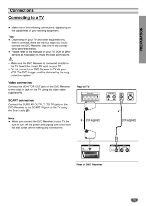 Page 11PREPARATION
11
Connections
 Make one of the following connections, depending on
the capabilities of your existing equipment.
Tips
 Depending on your TV and other equipment you
wish to connect, there are various ways you could
connect the 
DVD Receiver. Use one of the connec-
tions described below.
 Please refer to the manuals of your TV, VCR or other
devices as necessary to make the best connections.
–
Make sure the DVD Receiver is connected directly to
the TV. Select the correct AV input on your...