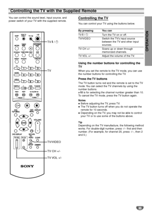 Page 33OPERATION
33
Controlling the TV with the Supplied Remote
You can control the sound level, input source, and
power switch of your TV with the supplied remote.Controlling the TV
You can control your TV using the buttons below.
By pressing You can
TV @ / 1 Turn the TV on or off.
TV/VIDEO Switch the TV’s input source 
between the TV and other input
sources.
TV CH +/- Scans up or down through 
memorized channels.
TV VOL +/- Adjust the volume of the TV.
Using the number buttons for controlling the
TV 
When you...