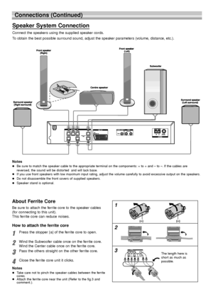 Page 1414
Connections (Continued)
Speaker System Connection
Connect the speakers using the supplied speaker cords.
To obtain the best possible surround sound, adjust the speaker parameters (volume, distance, etc.).
Notes

Be sure to match the speaker cable to the appropriate terminal on the components: + to + and – to –. If the cables are
reversed, the sound will be distorted  and will lack base.
 If you use front speakers with low maximum input rating, adjust the volume carefully to avoid excessive output...