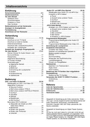 Page 444
Inhaltsverzeichnis
Einführung
Sicherheitshinweise . . . . . . . . . . . . . . . . . . . . . . . 2-3
Inhaltsverzeichnis . . . . . . . . . . . . . . . . . . . . . . . . . . 4
Vor dem Betrieb . . . . . . . . . . . . . . . . . . . . . . . . . . 5-6
Spielbare Discs . . . . . . . . . . . . . . . . . . . . . . . . . . 5
Vorsichtshinweise. . . . . . . . . . . . . . . . . . . . . . . . . 6
Hinweise zu Discs . . . . . . . . . . . . . . . . . . . . . . . . 6
Über Symbole . . . . . . . . . . . . . . . . . . . . ....