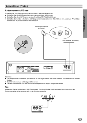 Page 53VORBEREITUNG
13
Anschlüsse (Forts.)
Antennenanschlüsse
Schließen Sie zum Radioempfang die enthaltene UKW/MW-Antenne an.
 Schließen Sie die MW-Bogenantenne an den Anschluss AM Loop an.

Schließen Sie die UKW-Antenne an den Anschluss FM 75ΩCOAXIAL an.

Schließen Sie bei der enthaltenen MW-Bogenantenne das schwarze Kabel (B) an den Anschluss      und das
weiße Kabel (A) an den anderen Anschluss an.
Hinweise
Um Störgeräusche zu vermeiden, platzieren Sie die MW-Bogenantenne nicht in der Nähe des...