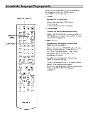 Page 5616
Auswahl der Ausgangs-/Eingangsquelle
Folgen Sie den Anleitungen, um die verschiedenen
Ein-/Ausgangs-quellen des DVD-Receivers
auszuwählen und umzuschalten:
•CD/DVD
Ausgabe von DVD anzeigen:
Drücken Sie SONY TV DIRECT auf der
Fernbedienung.
Im Anzeigefenster erscheint “CD/DVD”.
•TUNER FM/AM
Empfang von MW-/UKW-Radiosendungen:
Drücken Sie TUNER/BAND, um zwischen MW- und
UKW- Empfang zu wechseln. Die gewählte Frequenz
erscheint im Anzeigefenster.
•INPUT SELECT
Ausgabe einer Audioquelle am Anschluss
AUDIO...