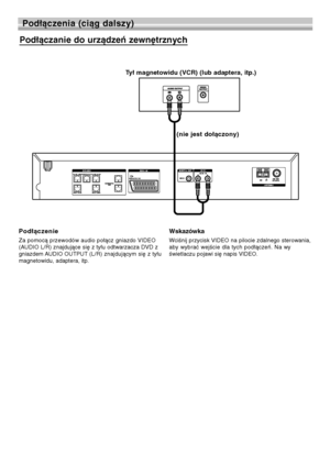 Page 9212
Podłączenia (ciąg dalszy)
Podłączanie do urządzeń zewnętrznych
(not supplied)
Podłączenie 
Za pomocą przewodów audio połącz gniazdo VIDEO
(AUDIO L/R) znajdujące się z tyłu odtwarzacza DVD z
gniazdem AUDIO  OUTPUT(L/R) znajdującym się z tyłu
magnetowidu, adaptera, itp.
Wskazówka
Wciśnij przycisk VIDEO na pilocie zdalnego sterowania,
aby wybrać wejście dla tych podłączeń. Na wy
świetlaczu pojawi się napis VIDEO.
Tył magnetowidu (VCR) (lub adaptera, itp.)
(nie jest dołączony)
 