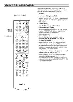 Page 9616
Wybór źródła wejścia/wyjścia
Stosuj się do poniższych wytycznych, dotyczących
wyboru i przełączania pomiędzy różnymi źródłami
wejścia i wyjścia odtwarzacza DVD/VCR.
•CD/DVD
Aby wyświetlić wyjście z DVD:
Naciśnij przycisk SONYTV DIRECT na pilocie zdal-
nego sterowania. Na wyświetlaczu pojawi się komu-
nikat „CD/DVD”.
•TUNER FM/AM
Aby słuchać audycji radiowych na
częstotliwościach FM/AM:
W celu zmiany zakresu pomiędzy FM i AM naciskaj
przycisk TUNER/BAND. Wybrana częstotliwość
zostanie pokazana na...