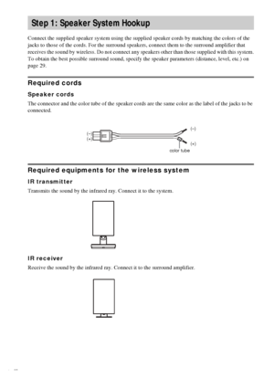 Page 1212GB
Connect the supplied speaker system using the supplied speaker cords by matching the colors of the 
jacks to those of the cords. For the surround speakers, connect them to the surround amplifier that 
receives the sound by wireless. Do not connect any speakers other than those supplied with this system.
To obtain the best possible surround sound, specify the speaker parameters (distance, level, etc.) on 
page 29.
Required cords
Speaker cords
The connector and the color tube of the speaker cords are...