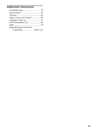 Page 55GB
Additional Information
Troubleshooting .................................... 78
Specifications ........................................ 81
Glossary ................................................ 82
Index to Parts and Controls ................... 86
Language Code List .............................. 91
DVD Setup Menu List .......................... 92
Index ..................................................... 94
Quick Reference for Remote 
Commander ...................... Back cover
 