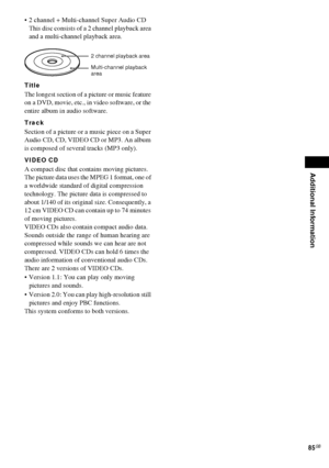 Page 85Additional Information
85GB
 2 channel + Multi-channel Super Audio CD
This disc consists of a 2 channel playback area 
and a multi-channel playback area.
Title
The longest section of a picture or music feature 
on a DVD, movie, etc., in video software, or the 
entire album in audio software. 
Track
Section of a picture or a music piece on a Super 
Audio CD, CD, VIDEO CD or MP3. An album 
is composed of several tracks (MP3 only). 
VIDEO CD
A compact disc that contains moving pictures.
The picture data...
