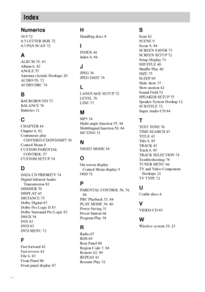 Page 9494GB
Numerics
16:9 72
4:3 LETTER BOX 72
4:3 PAN SCAN 72
A
ALBUM 35, 43
Album 6, 82
ANGLE 55
Antenna (Aerial) Hookups 20
AUDIO 50, 72
AUDIO DRC 74
B
BACKGROUND 73
BALANCE 76
Batteries 11
C
CHAPTER 44
Chapter 6, 82
Continuous play
CD/VIDEO CD/DVD/MP3 30
Control Menu 9
CUSTOM PARENTAL 
CONTROL 57
CUSTOM SETUP 74
D
DATA CD PRIORITY 74
Digital Infrared Audio 
Transmission 82
DIMMER 70
DISPLAY 45
DISTANCE 75
Dolby Digital 83
Dolby Pro Logic II 83
Dolby Surround Pro Logic 83
DSGX 54
DTS 83
DVD 83
DVD MENU 72
F...