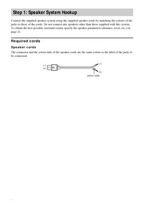 Page 1212GB
Connect the supplied speaker system using the supplied speaker cords by matching the colours of the 
jacks to those of the cords. Do not connect any speakers other than those supplied with this system.
To obtain the best possible surround sound, specify the speaker parameters (distance, level, etc.) on 
page 21.
Required cords
Speaker cords
The connector and the colour tube of the speaker cords are the same colour as the label of the jacks to 
be connected.
Step 1: Speaker System Hookup
(–)
(+)...