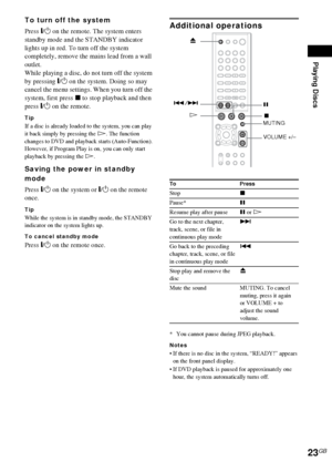 Page 23Playing Discs
23GB
To turn off the system
Press "/1 on the remote. The system enters 
standby mode and the STANDBY indicator 
lights up in red. To turn off the system 
completely, remove the mains lead from a wall 
outlet.
While playing a disc, do not turn off the system 
by pressing "/1 on the system. Doing so may 
cancel the menu settings. When you turn off the 
system, first press x to stop playback and then 
press "/1 on the remote.
Tip
If a disc is already loaded to the system, you can...