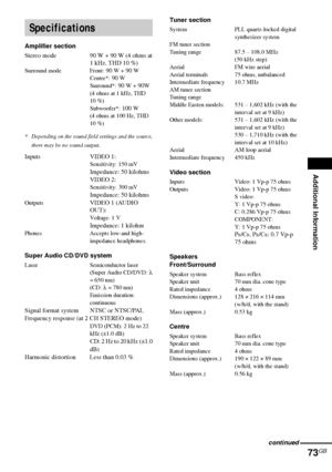 Page 73Additional Information
73GB
Amplifier section
Stereo mode 90 W + 90 W (4 ohms at 
1 kHz, THD 10 %)
Surround mode Front: 90 W + 90 W
Centre*: 90 W
Surround*: 90 W + 90W 
(4 ohms at 1 kHz, THD 
10 %) 
Subwoofer*: 
100W 
(4 ohms at 100 Hz, THD 
10 %)
* Depending on the sound field settings and the source, 
there may be no sound output.
Inputs VIDEO 1:Sensitivity: 150 mVImpedance: 50 kilohms
VIDEO 2:
Sensitivity: 300 mVImpedance: 50 kilohmsOutputsVIDEO 1 (AUDIO 
OUT):
Voltage: 1 VImpedance: 1 kilohmPhones...