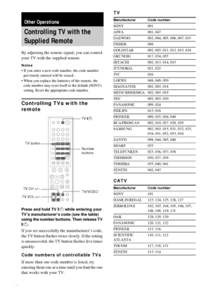 Page 5454GB
By adjusting the remote signal, you can control 
your TV with the supplied remote.
Notes
 If you enter a new code number, the code number 
previously entered will be erased.
 When you replace the batteries of the remote, the 
code number may reset itself to the default (SONY) 
setting. Reset the appropriate code number.
Controlling TVs with the 
remote
Press and hold TV [/1 while entering your 
TV’s manufacturer’s code (see the table) 
using the number buttons. Then release TV 
[/1.
If you set...