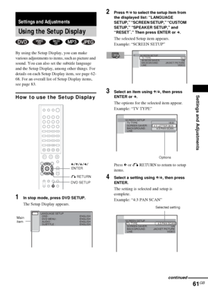 Page 61Settings and Adjustments
61GB
By using the Setup Display, you can make 
various adjustments to items, such as picture and 
sound. You can also set the subtitle language 
and the Setup Display, among other things. For 
details on each Setup Display item, see page 62-
68. For an overall list of Setup Display items, 
see page 83.
How to use the Setup Display
1In stop mode, press DVD SETUP.
The Setup Display appears.
2Press X/x to select the setup item from 
the displayed list: “LANGUAGE 
SETUP,” “SCREEN...