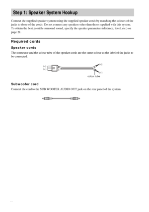 Page 1212GB
Connect the supplied speaker system using the supplied speaker cords by matching the colours of the 
jacks to those of the cords. Do not connect any speakers other than those supplied with this system.
To obtain the best possible surround sound, specify the speaker parameters (distance, level, etc.) on 
page 21.
Required cords
Speaker cords
The connector and the colour tube of the speaker cords are the same colour as the label of the jacks to 
be connected.
Subwoofer cord
Connect the cord to the SUB...