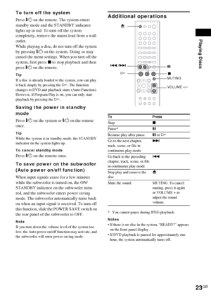 Page 23Playing Discs
23GB
To turn off the system
Press "/1 on the remote. The system enters 
standby mode and the STANDBY indicator 
lights up in red. To turn off the system 
completely, remove the mains lead from a wall 
outlet.
While playing a disc, do not turn off the system 
by pressing "/1 on the system. Doing so may 
cancel the menu settings. When you turn off the 
system, first press x to stop playback and then 
press "/1 on the remote.
Tip
If a disc is already loaded to the system, you can...