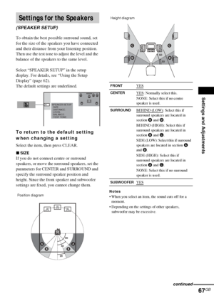 Page 67Settings and Adjustments
67GB
To obtain the best possible surround sound, set 
for the size of the speakers you have connected 
and their distance from your listening position. 
Then use the test tone to adjust the level and the 
balance of the speakers to the same level.
Select “SPEAKER SETUP” in the setup 
display. For details, see “Using the Setup 
Display” (page 62).
The default settings are underlined.
To return to the default setting 
when changing a setting
Select the item, then press CLEAR....