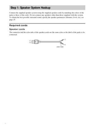 Page 1212GB
Connect the supplied speaker system using the supplied speaker cords by matching the colors of the 
jacks to those of the cords. Do not connect any speakers other than those supplied with this system.
To obtain the best possible surround sound, specify the speaker parameters (distance, level, etc.) on 
page 25.
Required cords
Speaker cords
The connector and the color tube of the speaker cords are the same color as the label of the jacks to be 
connected.
Step 1: Speaker System Hookup
(–)
(+)
color...